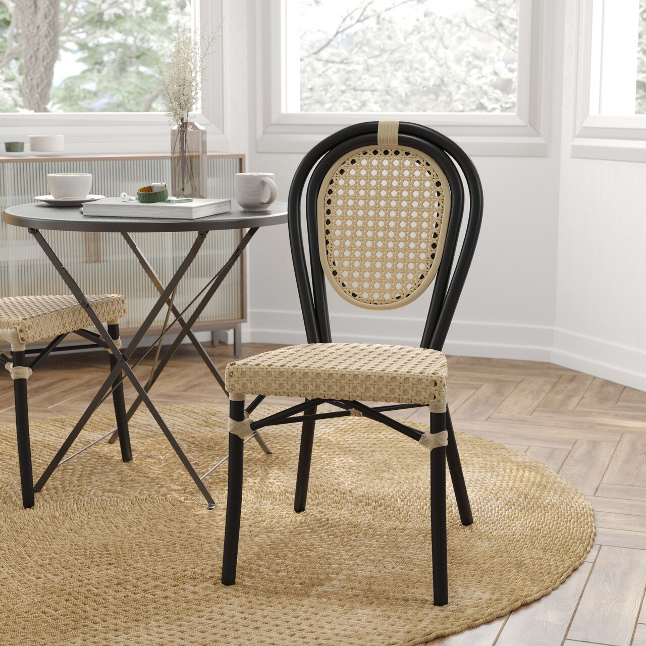 Merrick Lane Toulon Stacking Thonet Bistro Style Chair, PE Cane Rattan Seat, and Metal Frame for Indoor/Outdoor Use